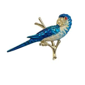 Vintage kitschy blue white enamel rhinestone parrot parakeet brooch pin tropical